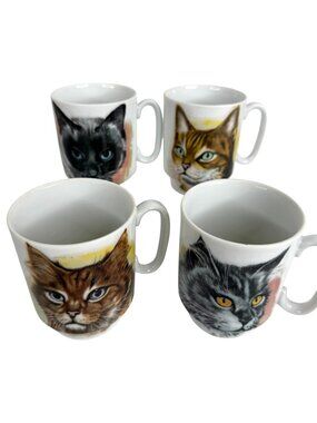 Set Of 4 Ceramic Cat Mugs Stackable Coffee Mugs Made Japan Yarn Ball Vintage